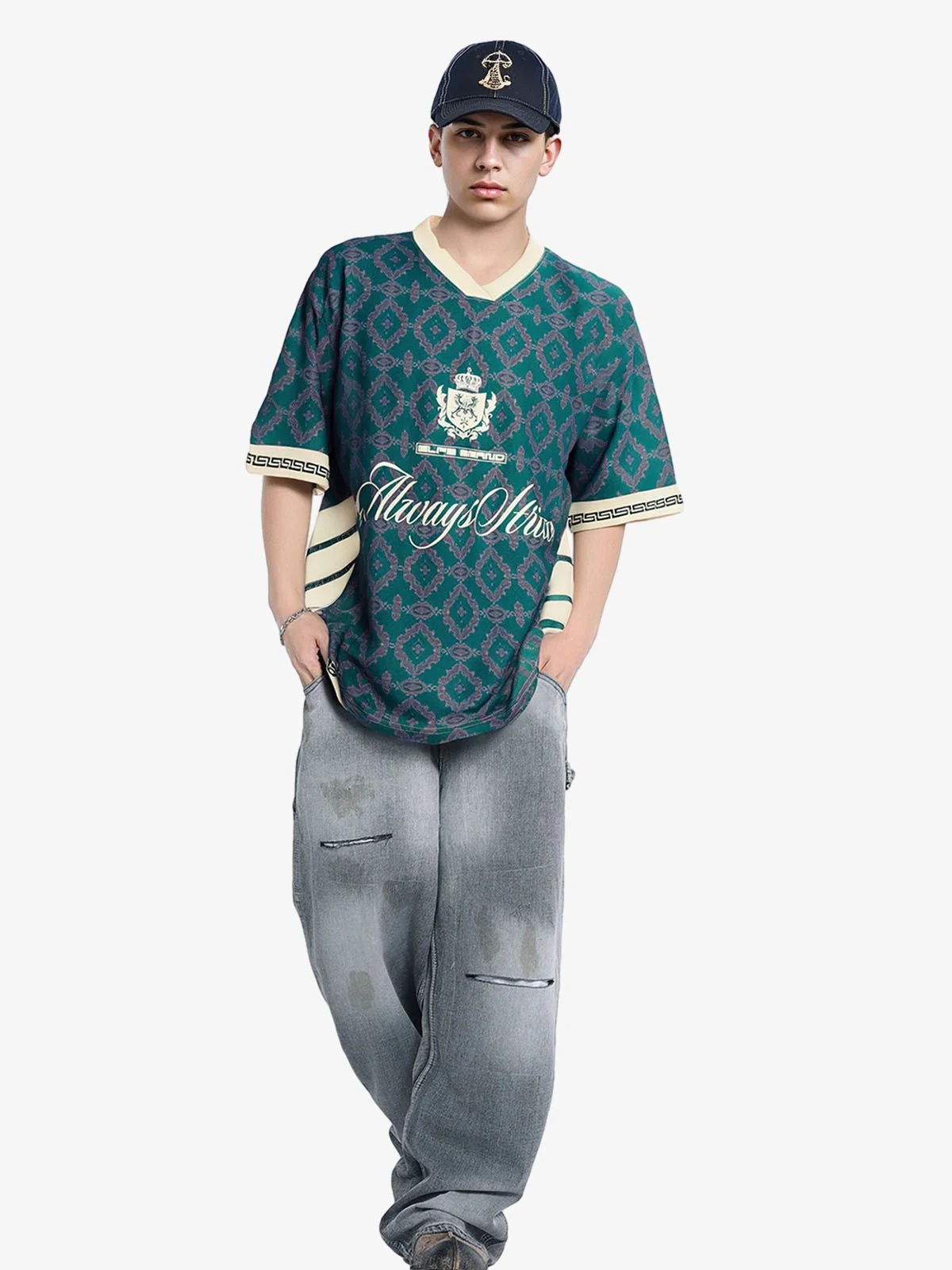 Always Strive Green Patterned Jersey V-Neck T-Shirt - Image 5