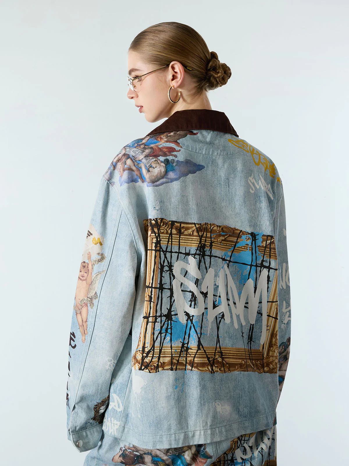 Artistic Patches Graphic  Distressed Denim Jacket - Image 4