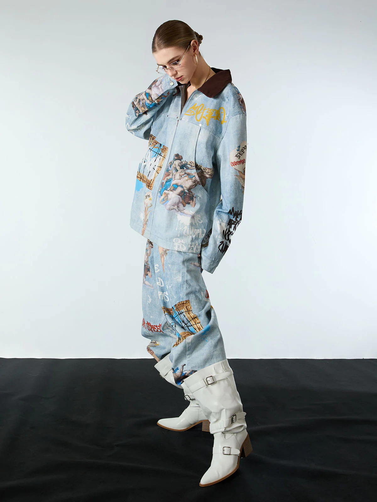 Artistic Patches Graphic  Distressed Denim Jacket - Image 6