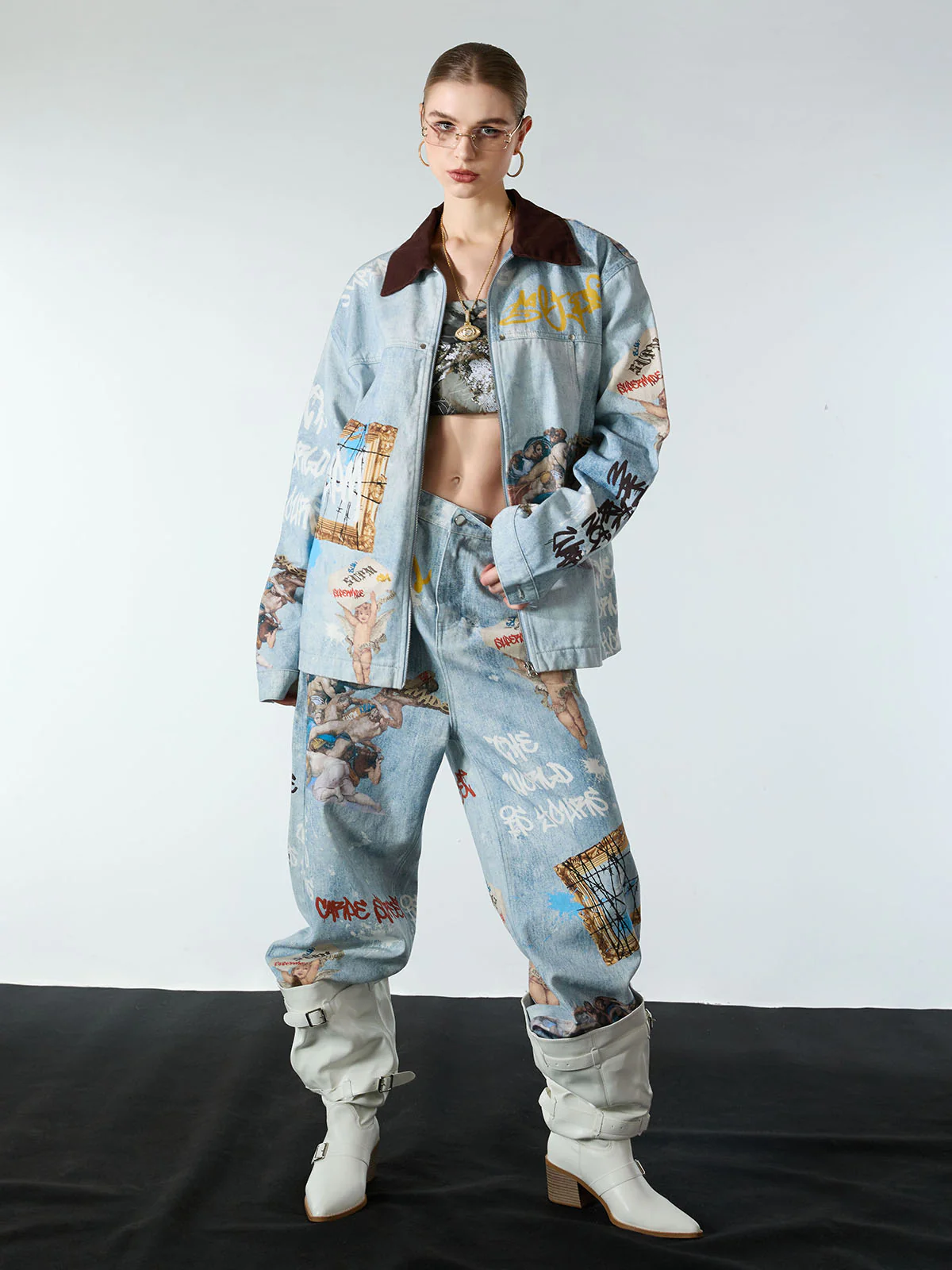 Artistic Patches Graphic  Distressed Denim Jacket - Image 7