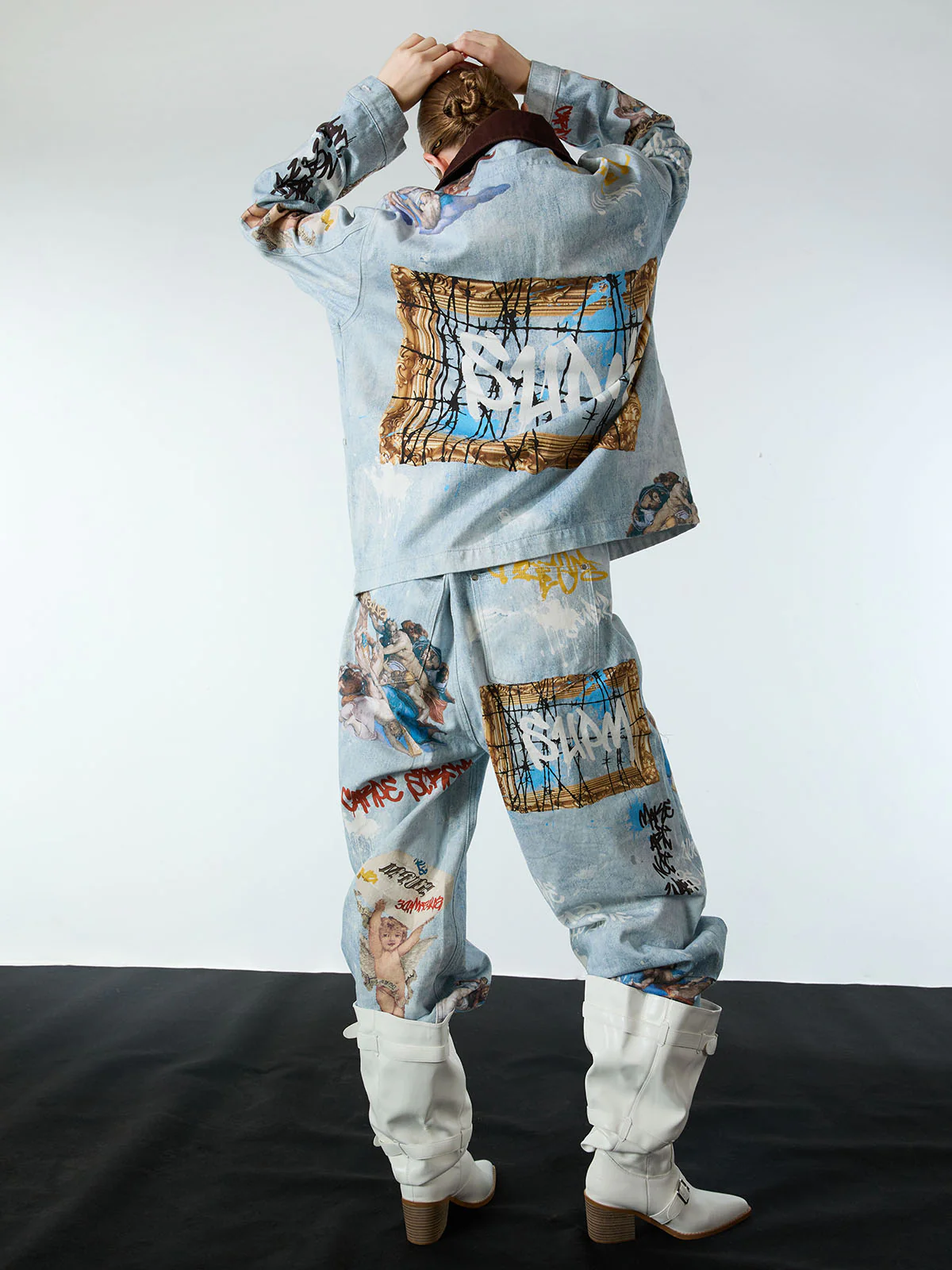 Artistic Patches Graphic  Distressed Denim Jacket - Image 8