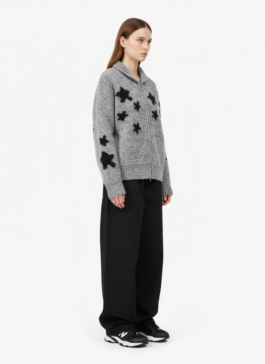 Casual Star Jacquard Double-Zip Cardigan Sweater - Image 3