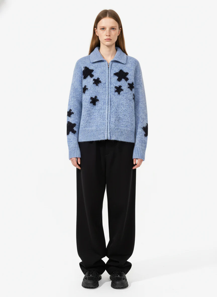 Casual Star Jacquard Double-Zip Cardigan Sweater - Image 4