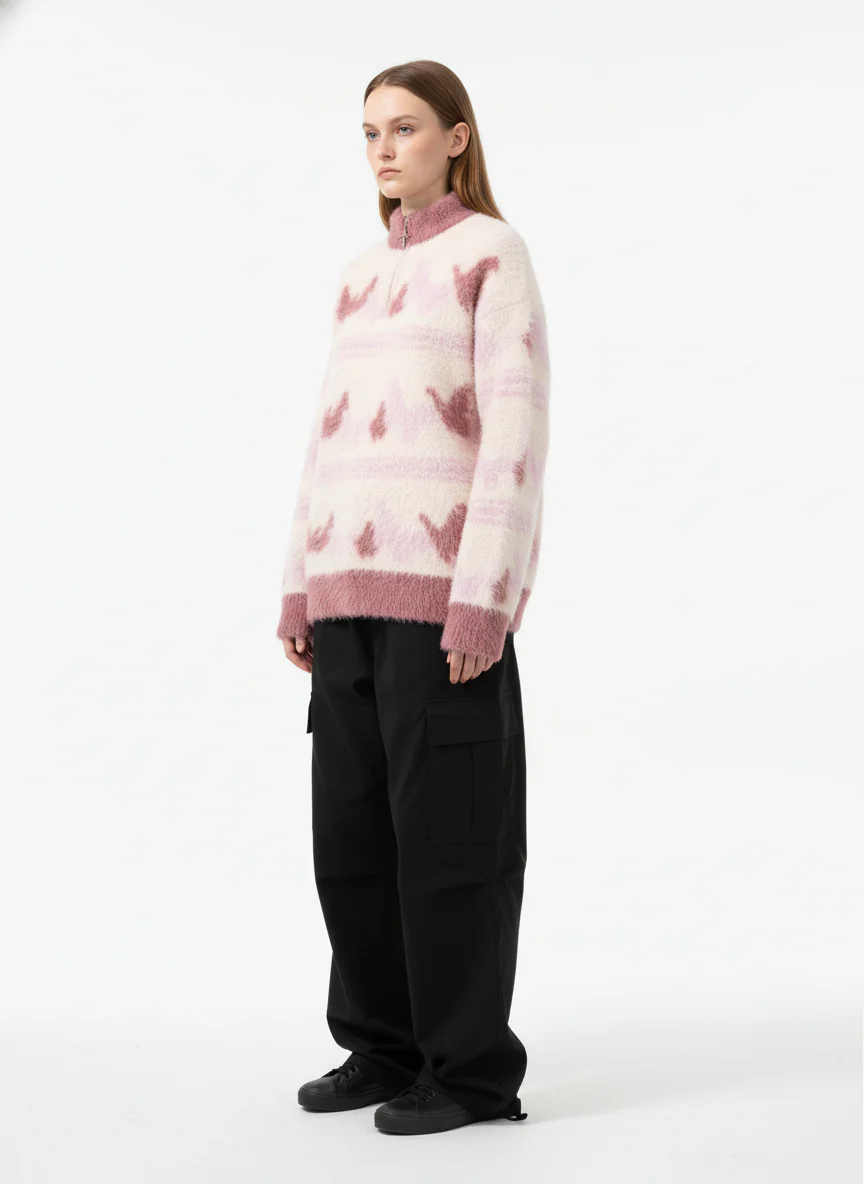 Contrast Stripe Butterfly Jacquard Half-zip Sweater - Image 3