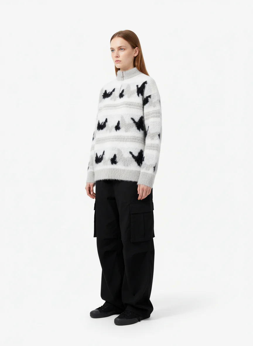 Contrast Stripe Butterfly Jacquard Half-zip Sweater - Image 4