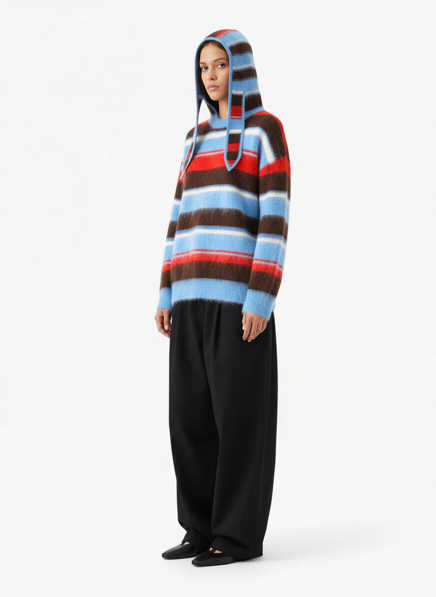 Detachable Hood Contrast Striped Mohair Pullover Sweater - Image 3