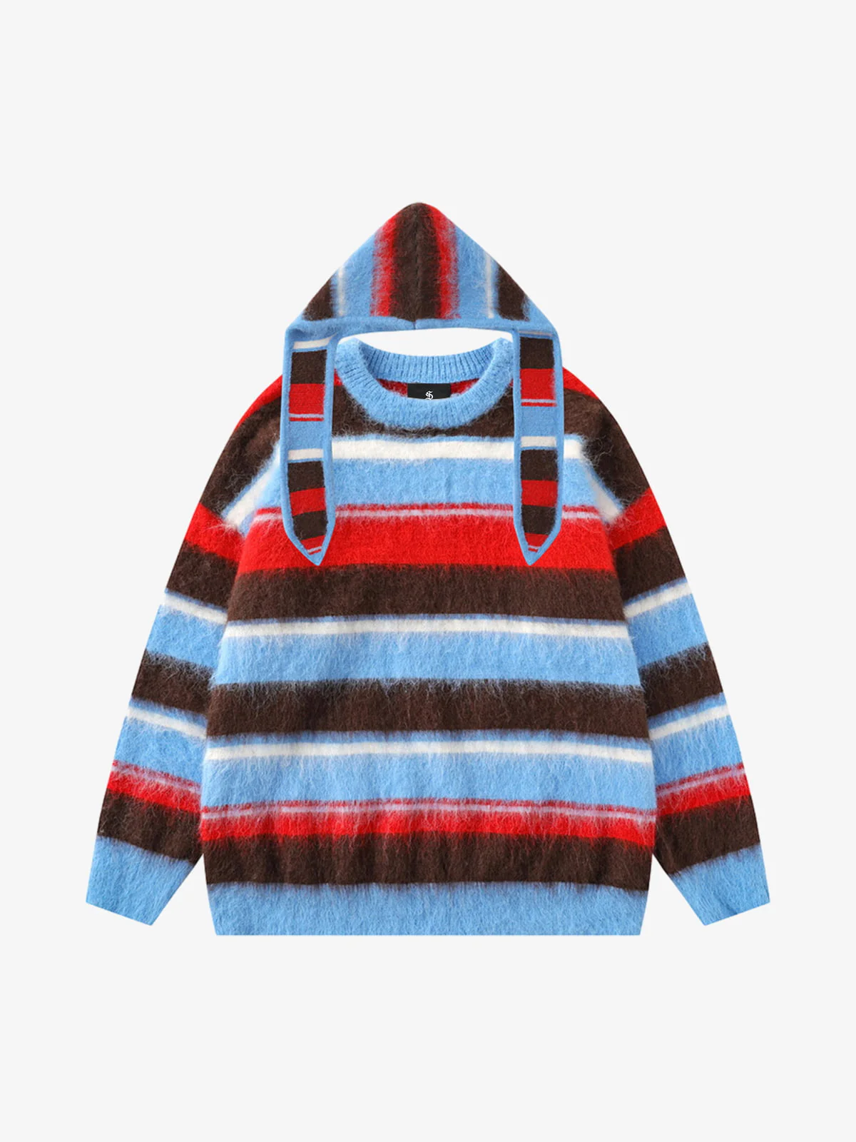 Detachable Hood Contrast Striped Mohair Pullover Sweater - Image 4