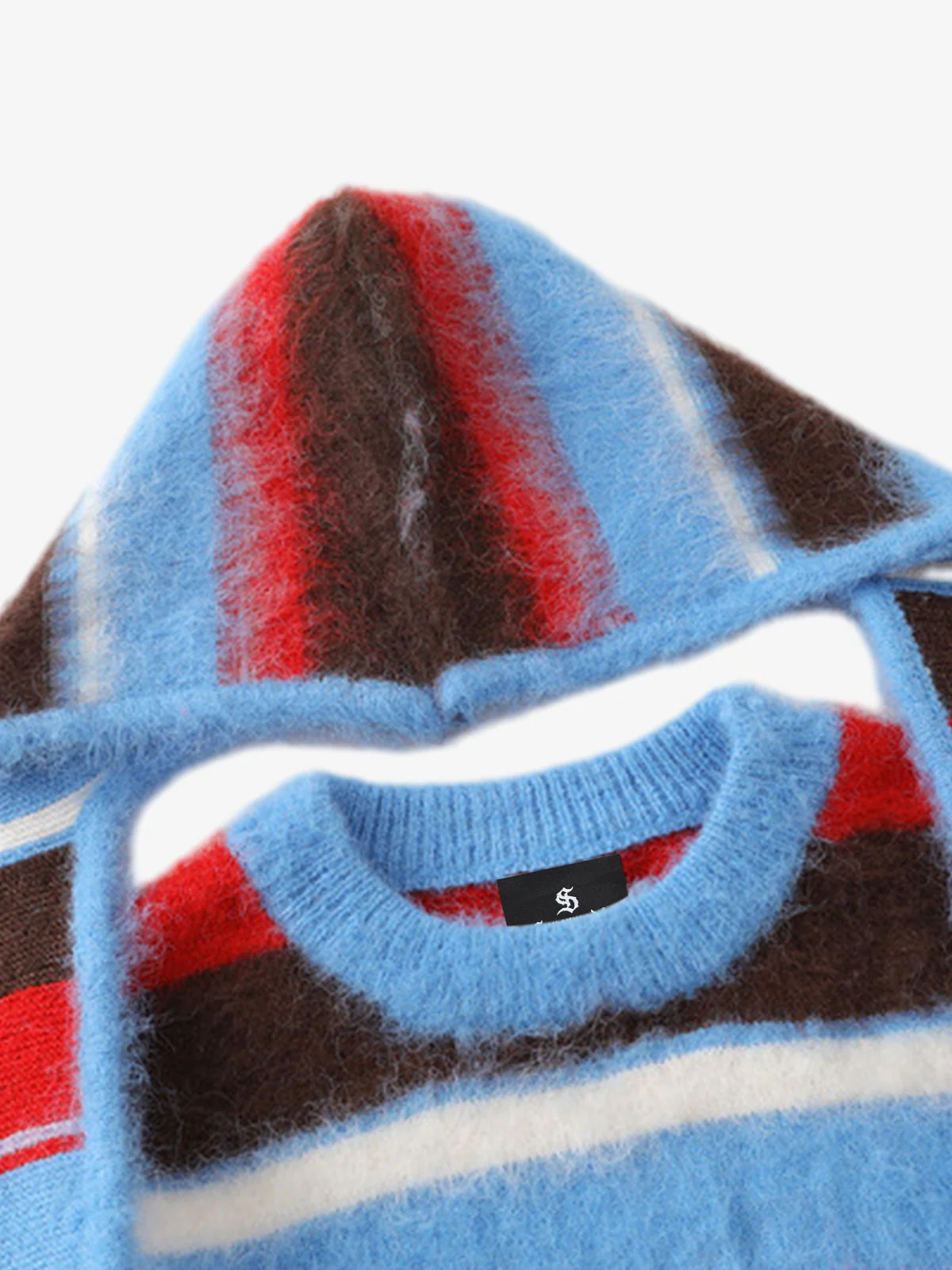 Detachable Hood Contrast Striped Mohair Pullover Sweater - Image 6