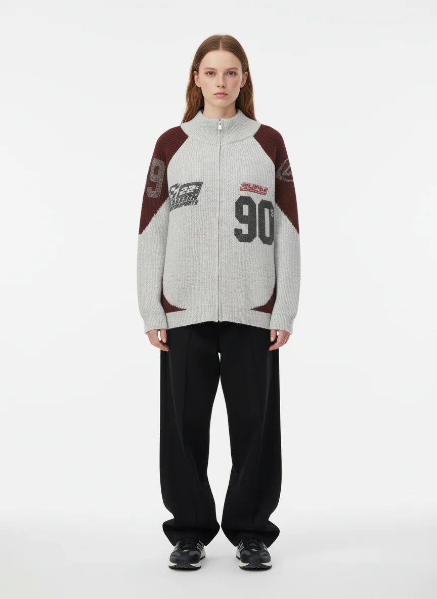 High Street Biker Style Patchwork Zip-up Knitted Jacket - Image 3