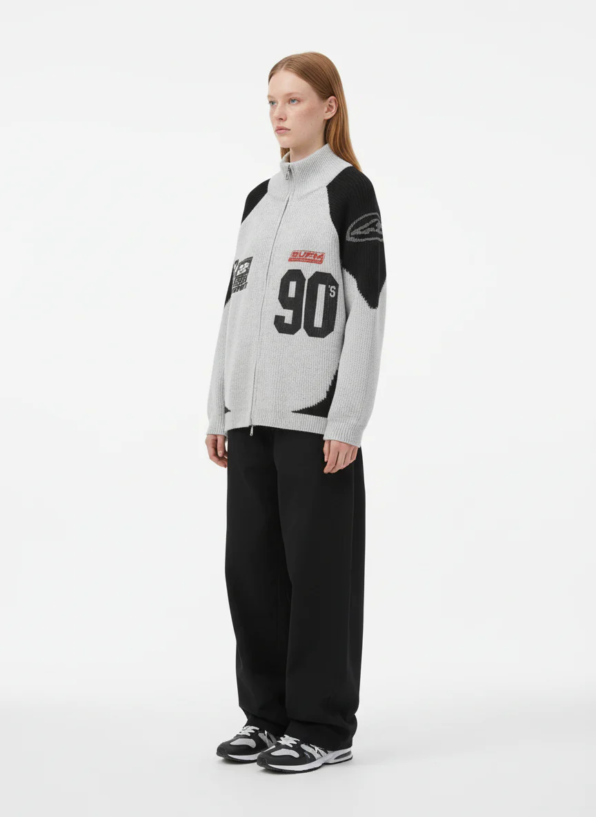 High Street Biker Style Patchwork Zip-up Knitted Jacket - Image 8