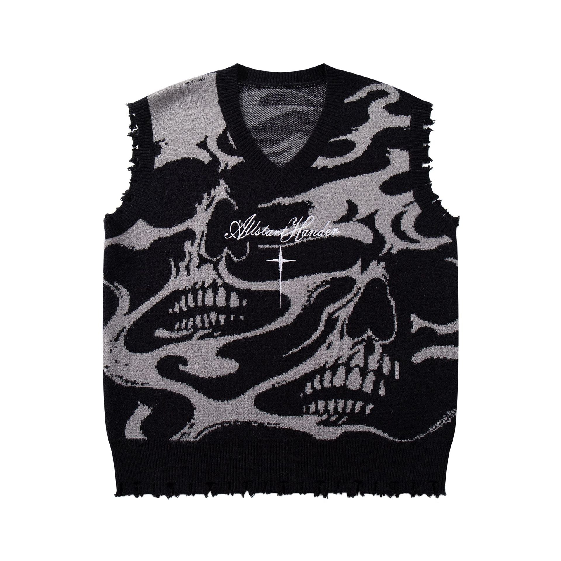 High Street Dark Skull Frayed-edge V-neck Sweater Vest - Image 15