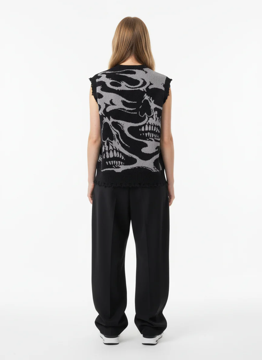 High Street Dark Skull Frayed-edge V-neck Sweater Vest - Image 4