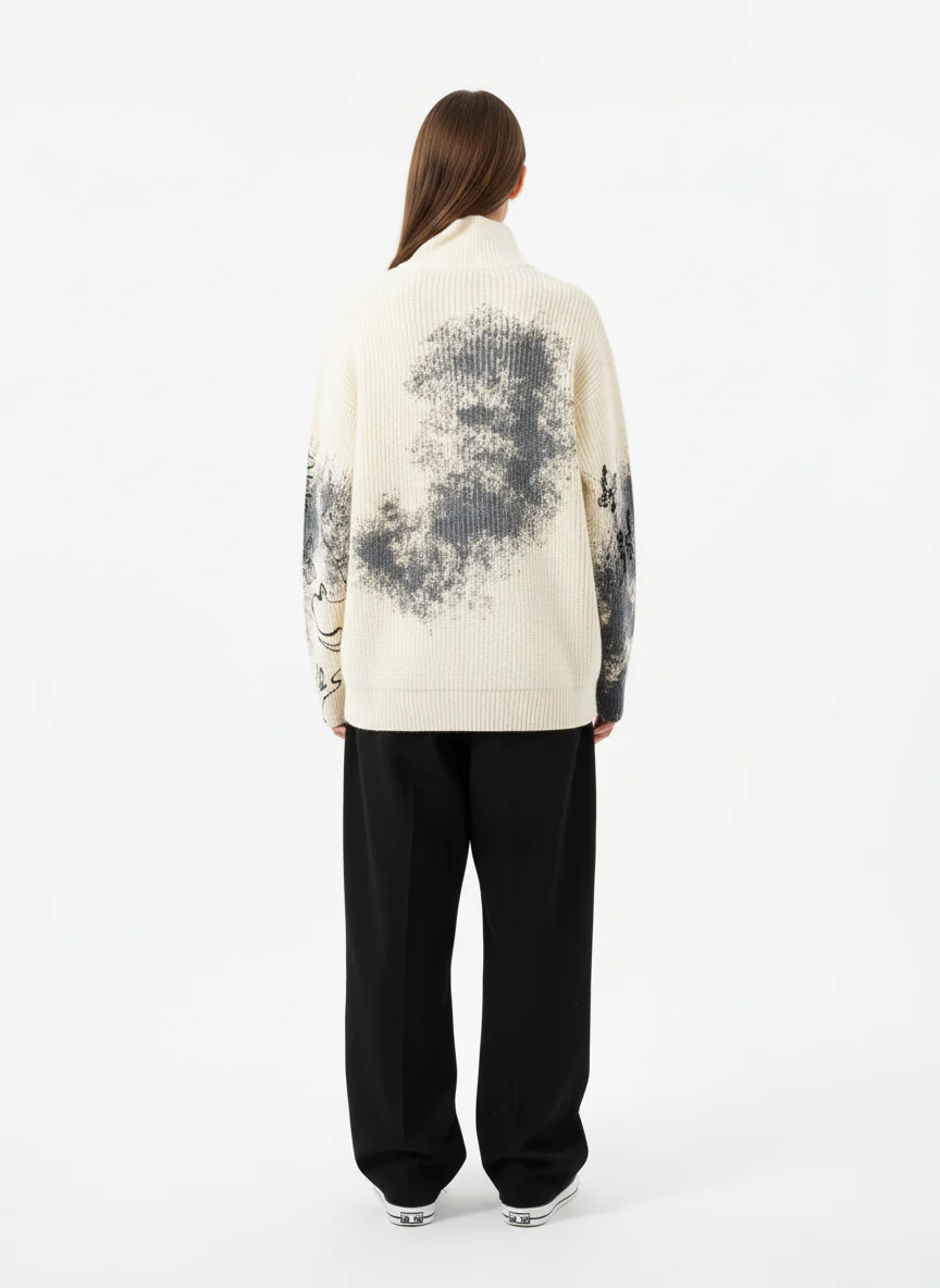 Ink-Splashed Butterfly Jacquard Zip Knit Sweater - Image 3