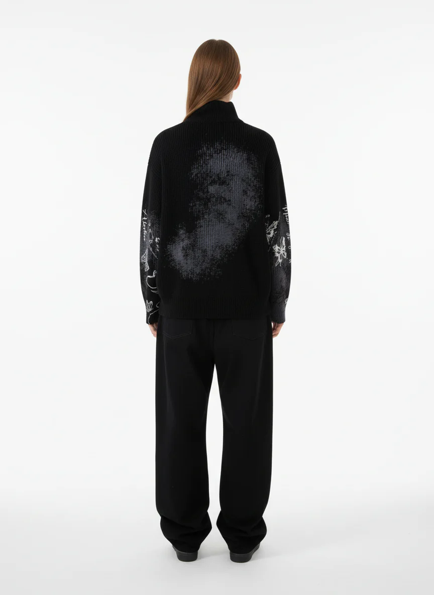 Ink-Splashed Butterfly Jacquard Zip Knit Sweater - Image 4