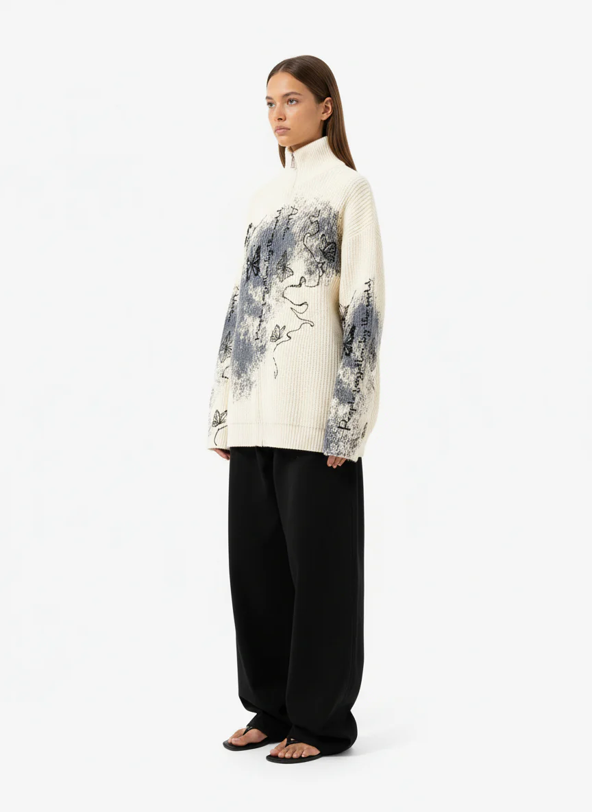 Ink-Splashed Butterfly Jacquard Zip Knit Sweater - Image 5