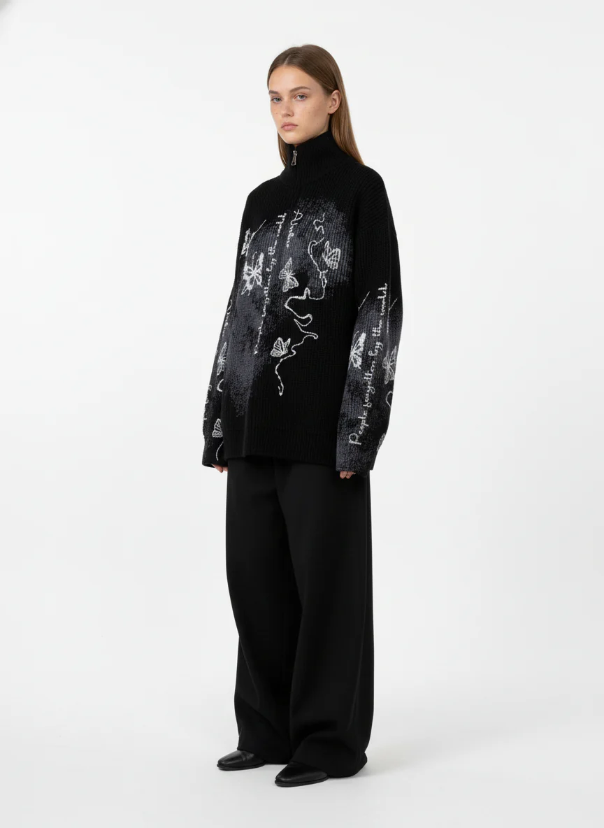 Ink-Splashed Butterfly Jacquard Zip Knit Sweater - Image 6