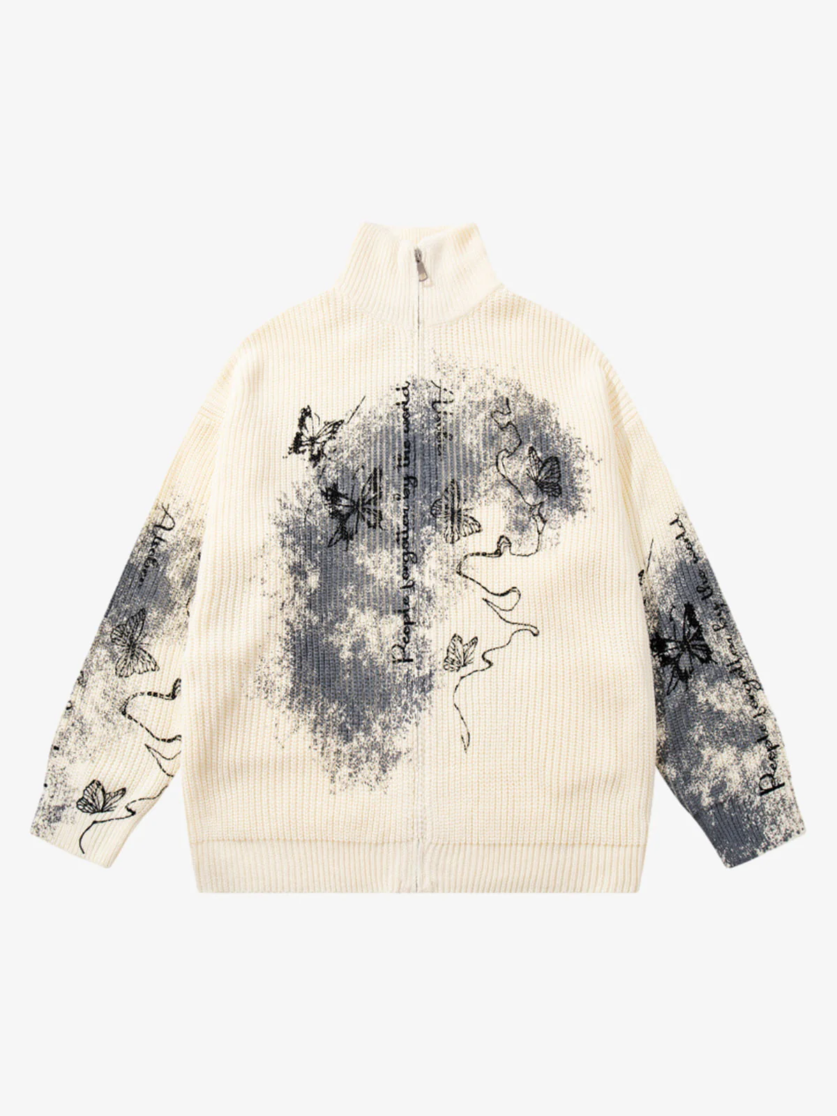 Ink-Splashed Butterfly Jacquard Zip Knit Sweater - Image 7