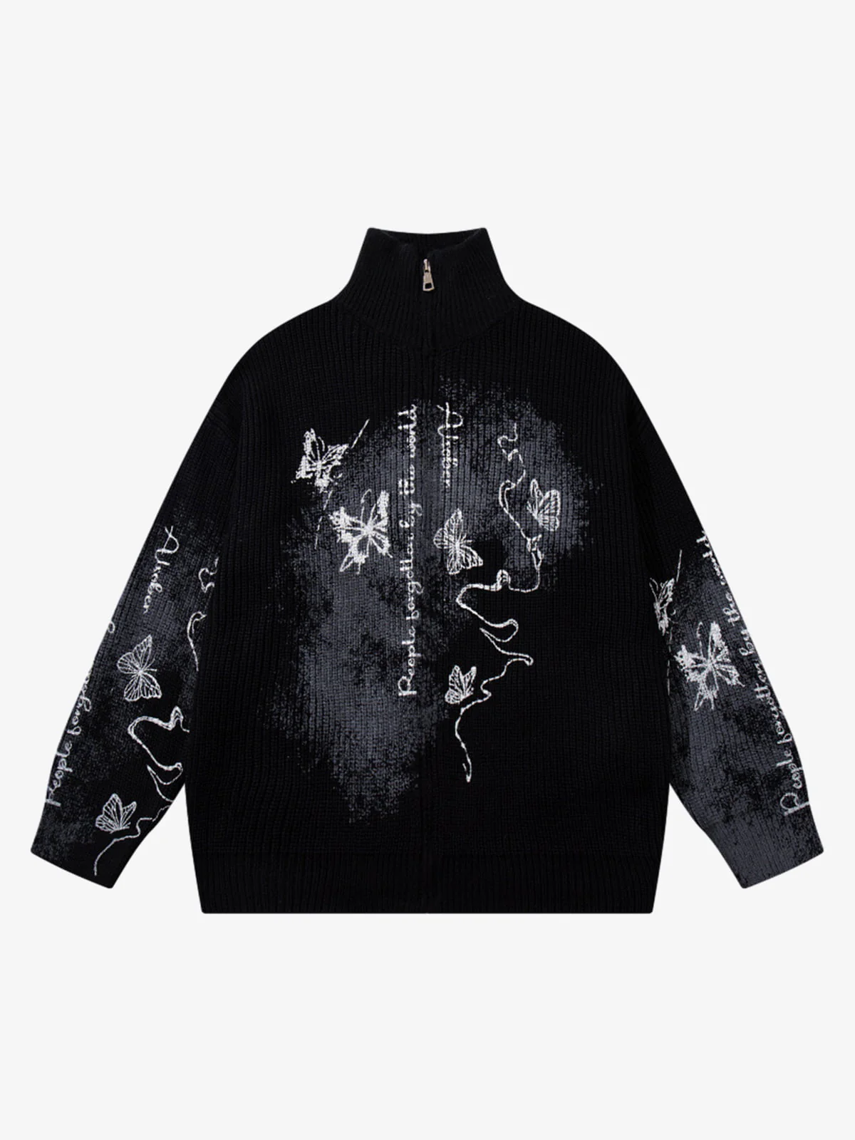 Ink-Splashed Butterfly Jacquard Zip Knit Sweater - Image 8