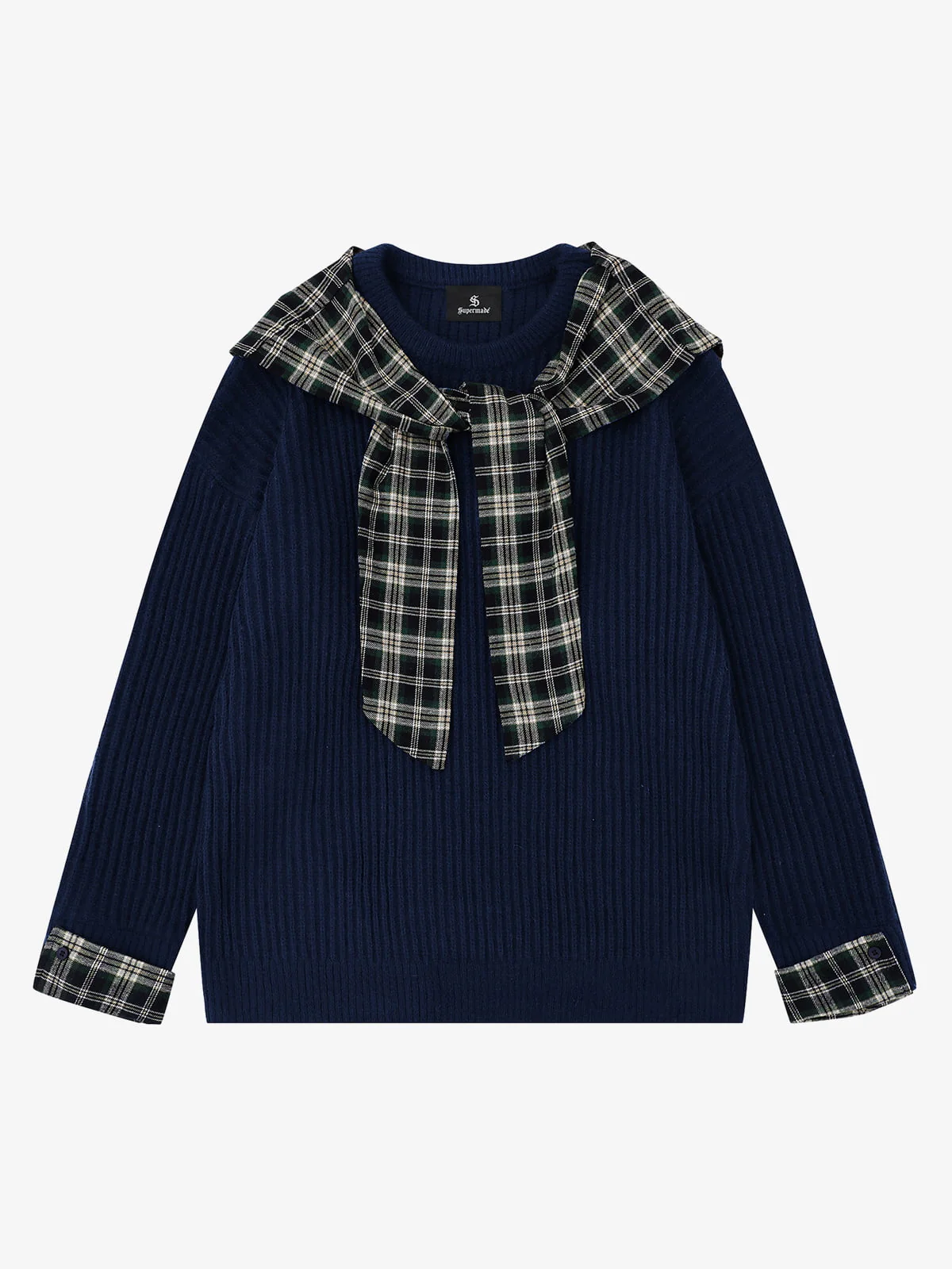 Plaid Scarf Patchwork Contrast Knit Sweater - Image 10