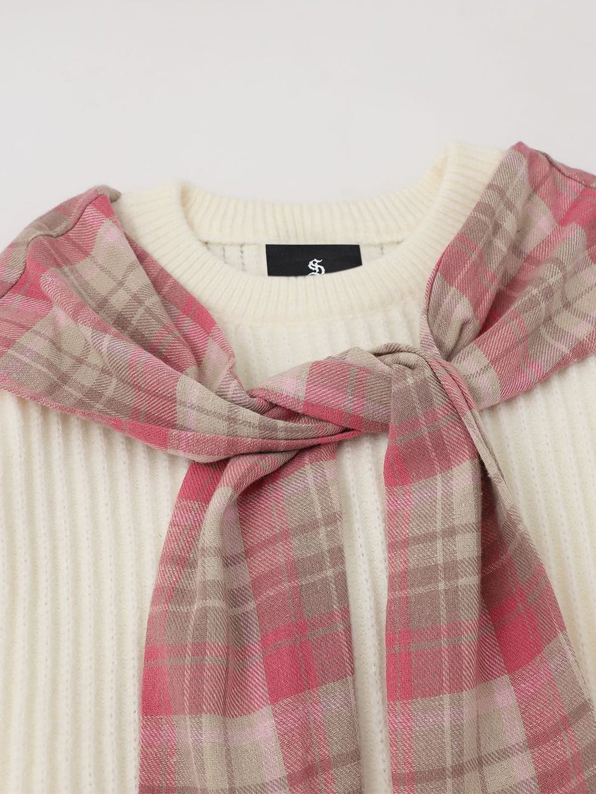 Plaid Scarf Patchwork Contrast Knit Sweater - Image 15