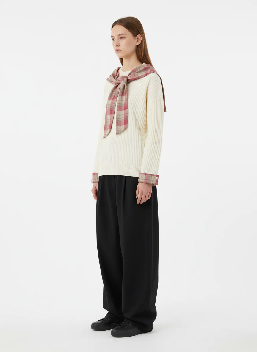 Plaid Scarf Patchwork Contrast Knit Sweater - Image 4