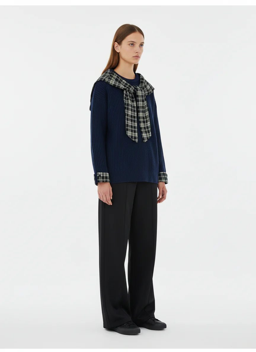 Plaid Scarf Patchwork Contrast Knit Sweater - Image 5