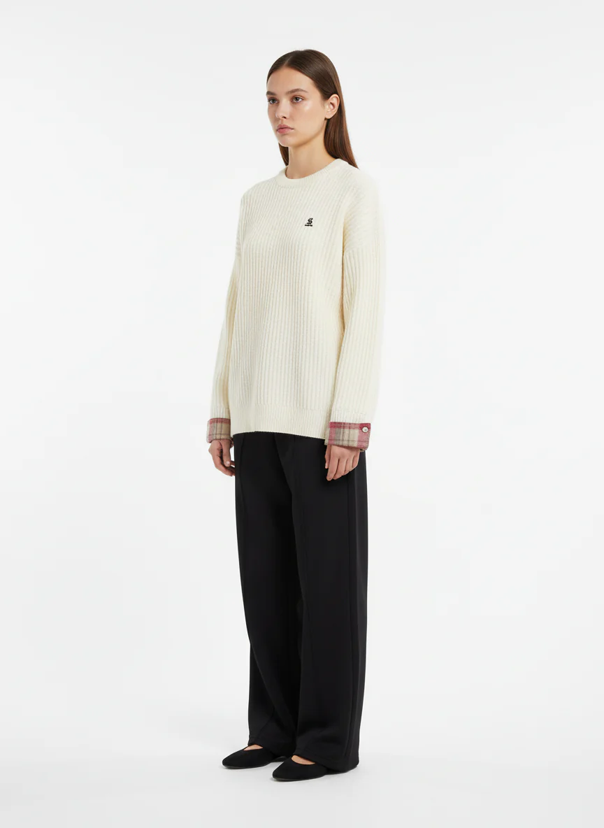 Plaid Scarf Patchwork Contrast Knit Sweater - Image 6