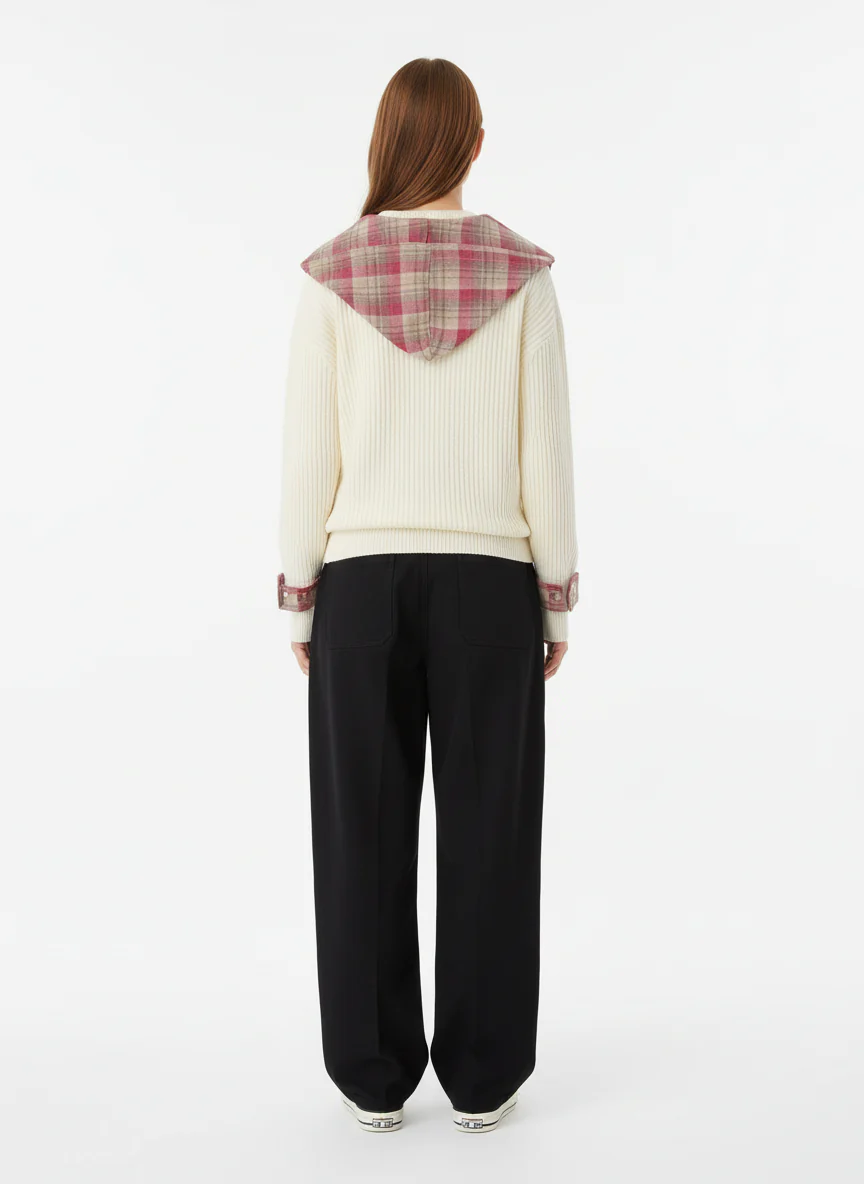 Plaid Scarf Patchwork Contrast Knit Sweater - Image 7