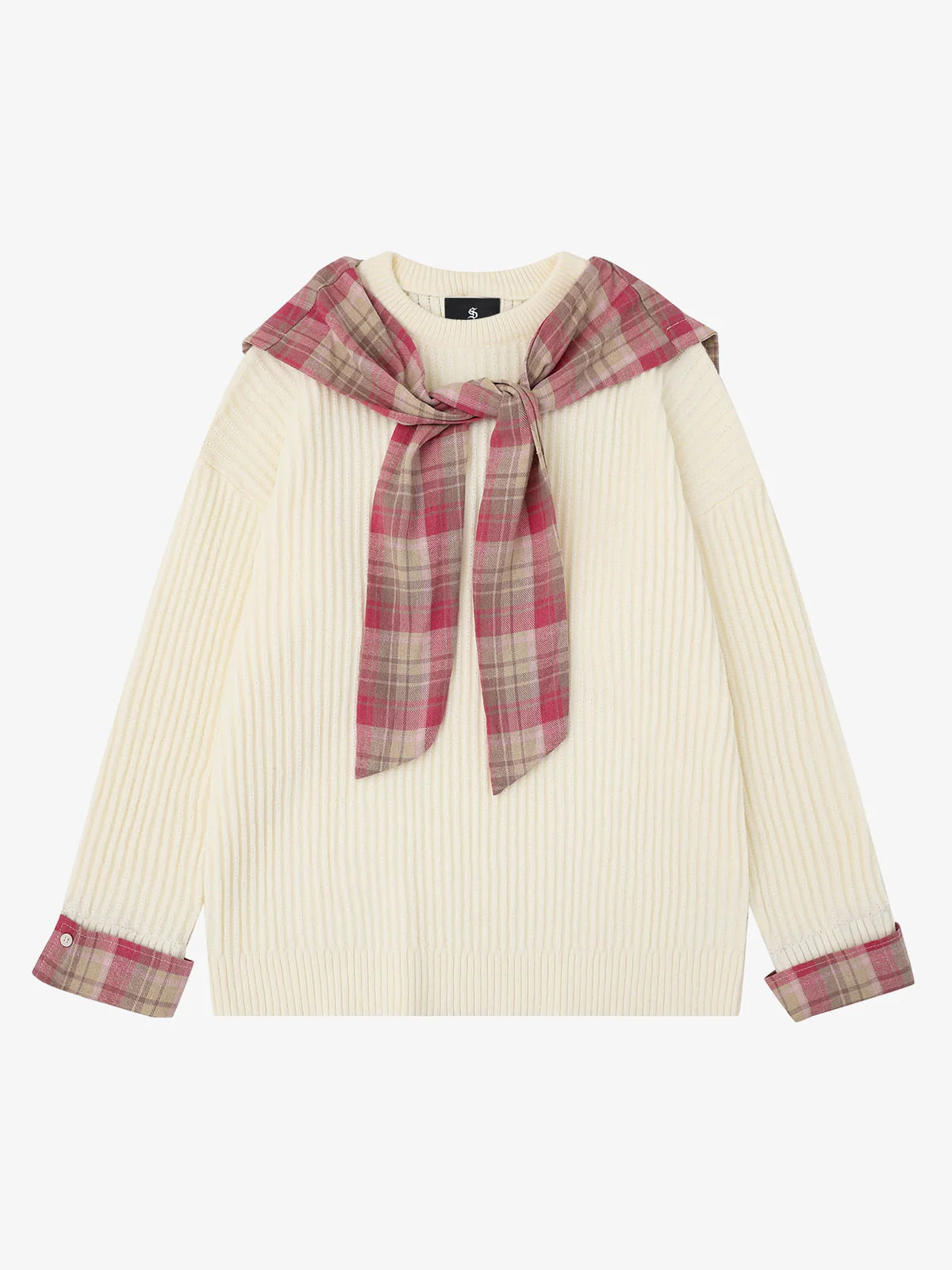 Plaid Scarf Patchwork Contrast Knit Sweater - Image 9