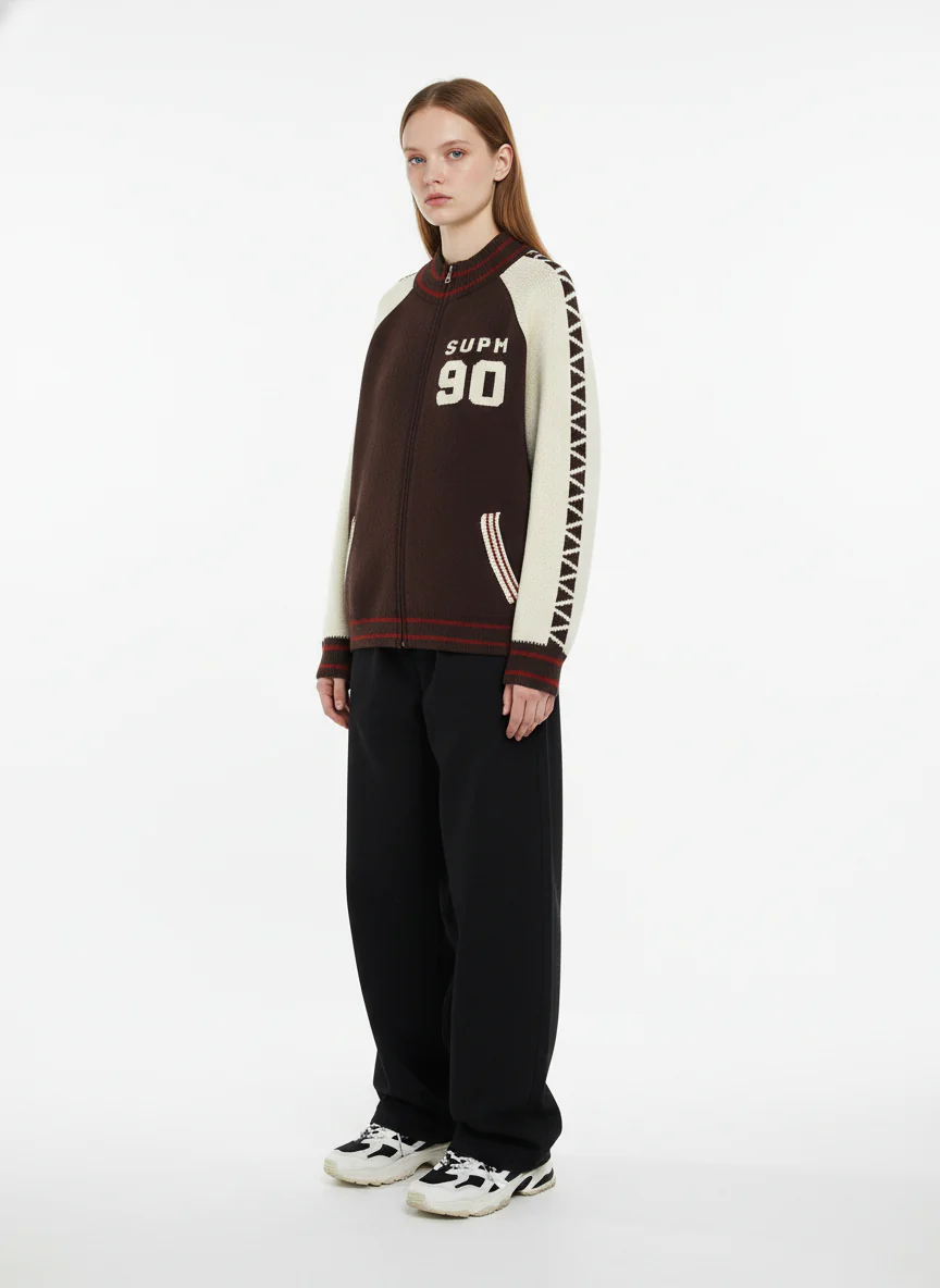 Retro Motorcycle Colorblock  Knitted Zip-up Sweater Jacket - Image 5