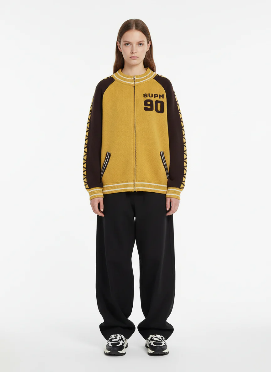 Retro Motorcycle Colorblock  Knitted Zip-up Sweater Jacket - Image 6