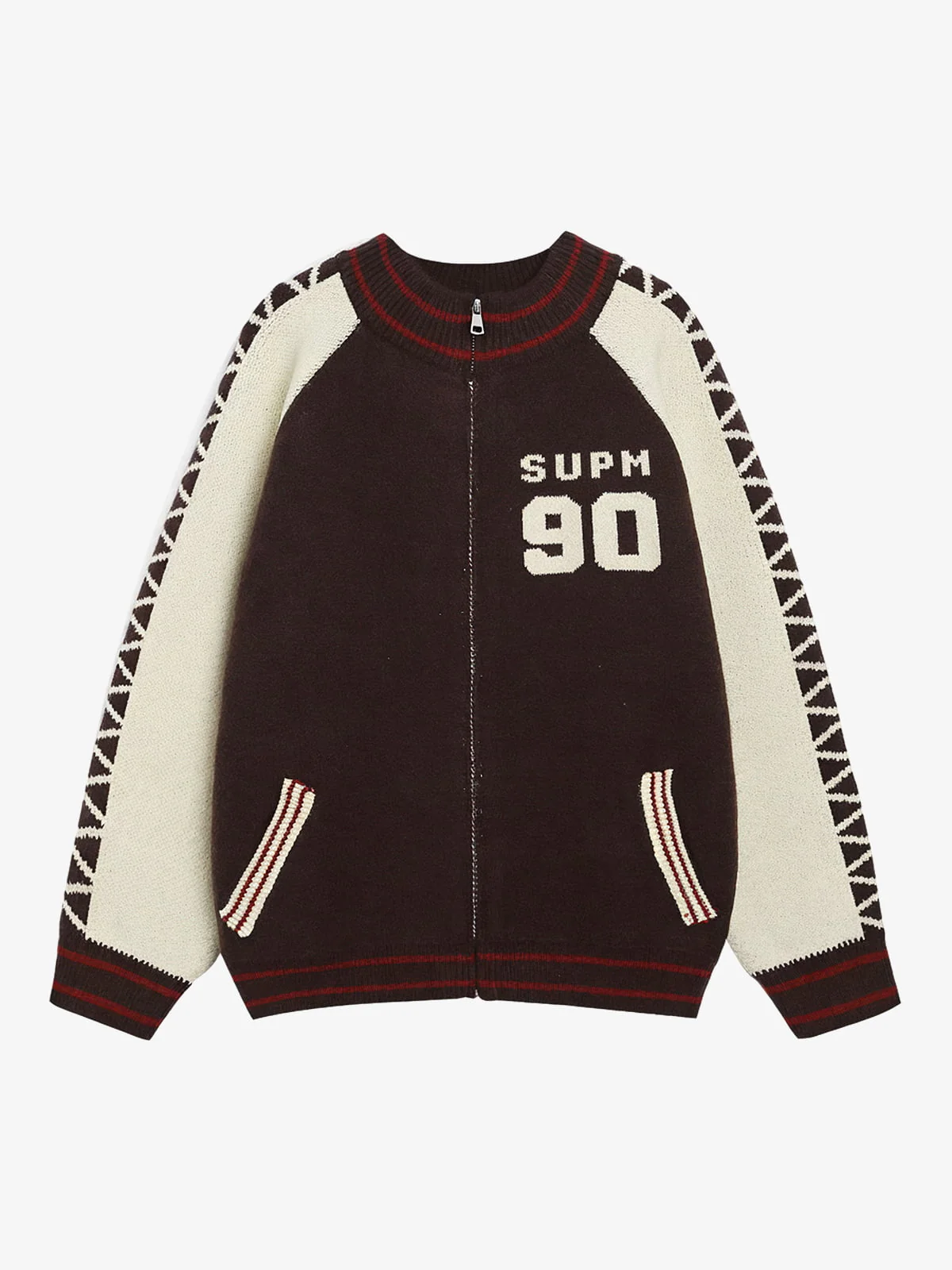 Retro Motorcycle Colorblock  Knitted Zip-up Sweater Jacket - Image 9