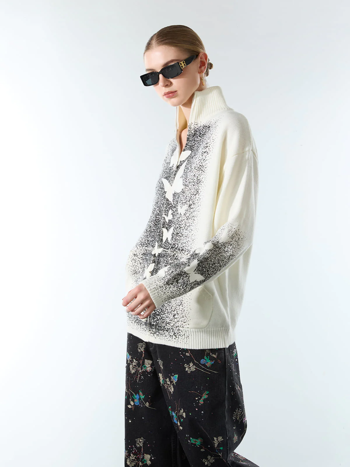 Street Dark Phantom Butterfly Stand-Collar Knit Cardigan Sweater - Image 3