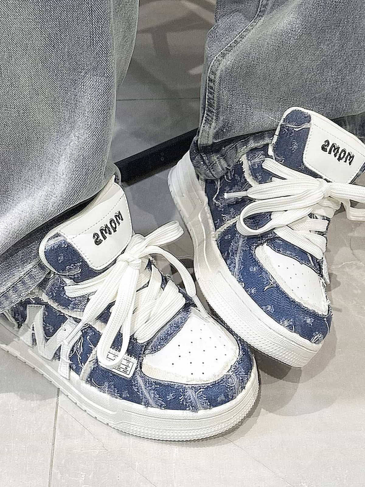 Street Distressed Denim Patchwork Sneakers - Image 3