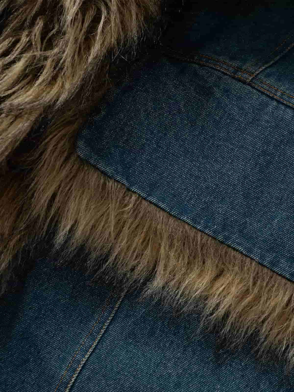 Street Retro Fur Patchwork Washed Denim Cotton Jacket - Image 11
