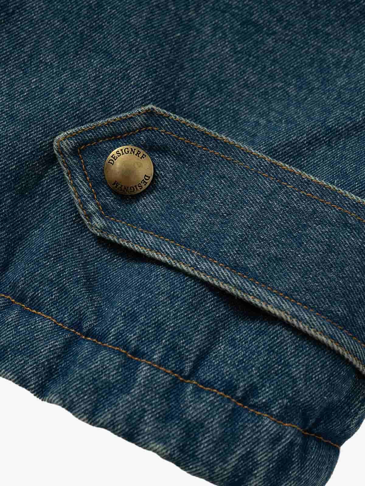 Street Retro Fur Patchwork Washed Denim Cotton Jacket - Image 12