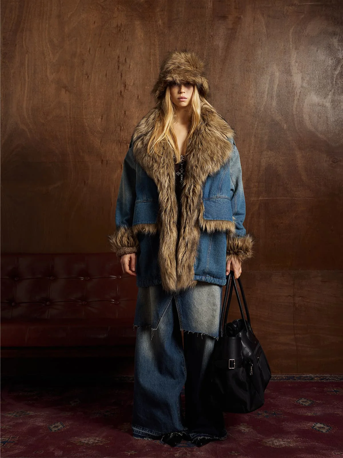 Street Retro Fur Patchwork Washed Denim Cotton Jacket - Image 3