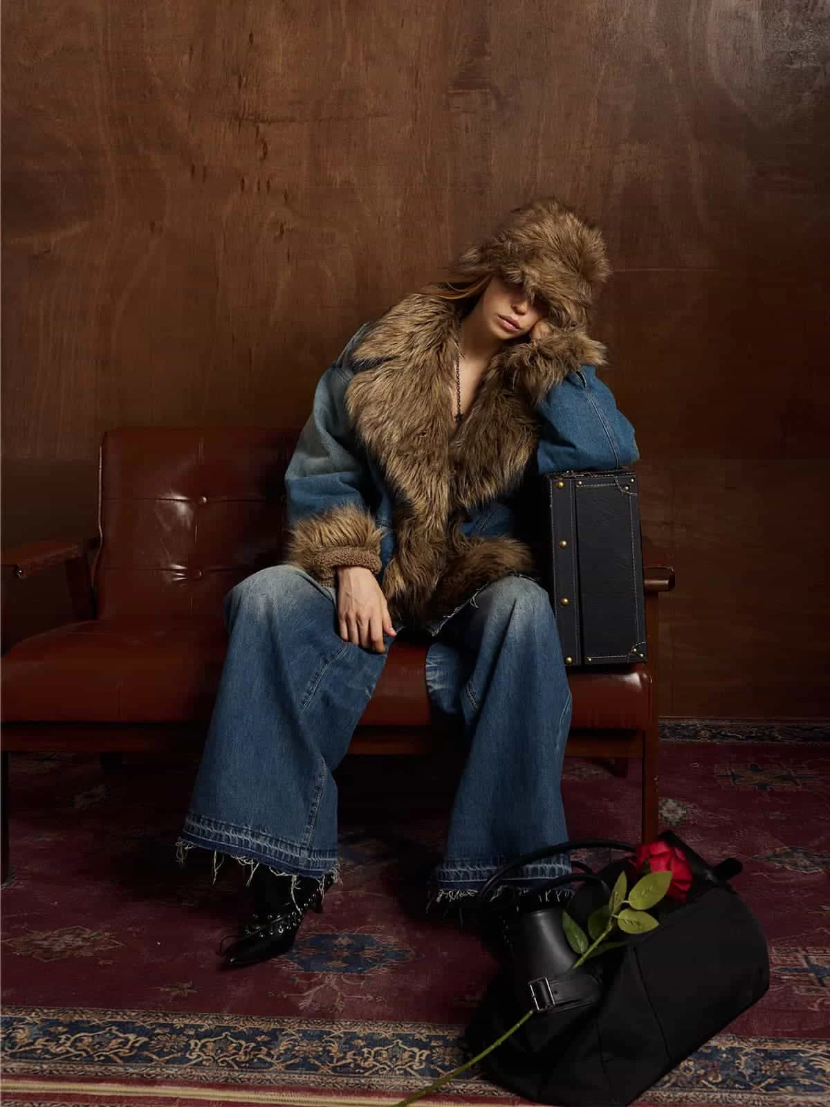 Street Retro Fur Patchwork Washed Denim Cotton Jacket - Image 4