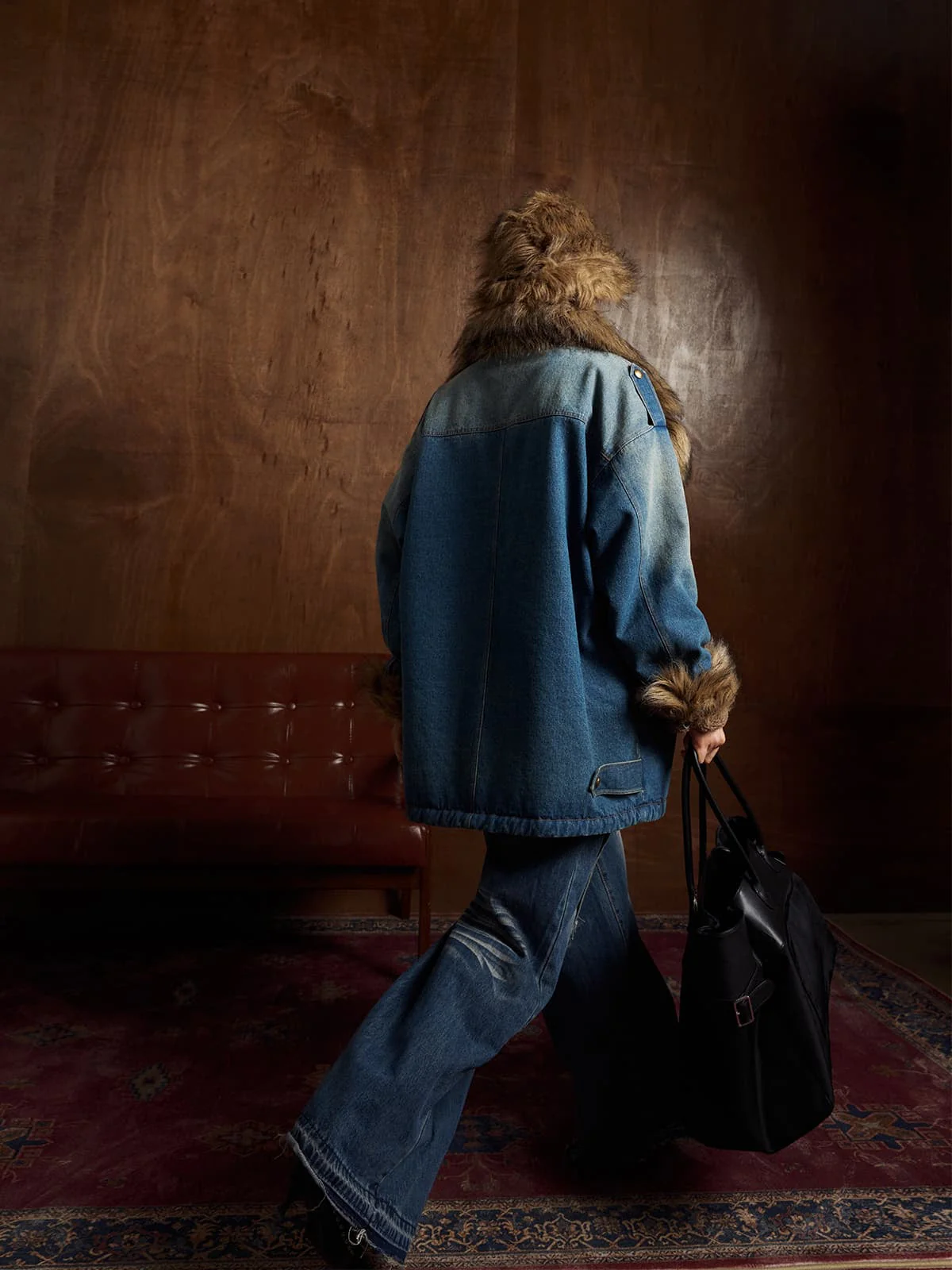 Street Retro Fur Patchwork Washed Denim Cotton Jacket - Image 5