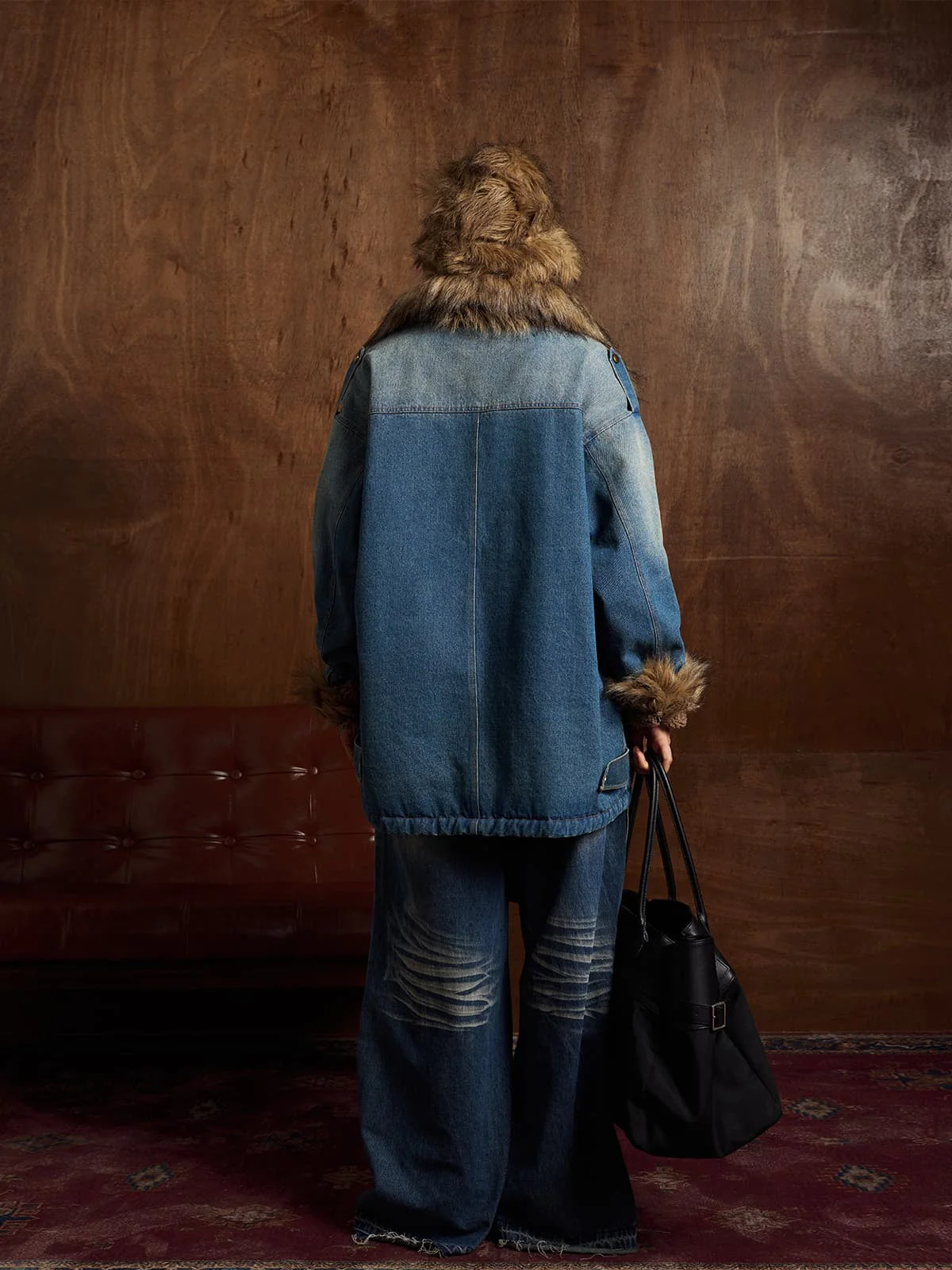 Street Retro Fur Patchwork Washed Denim Cotton Jacket - Image 6
