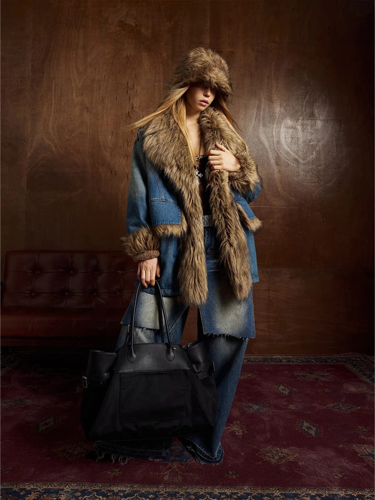 Street Retro Fur Patchwork Washed Denim Cotton Jacket - Image 7