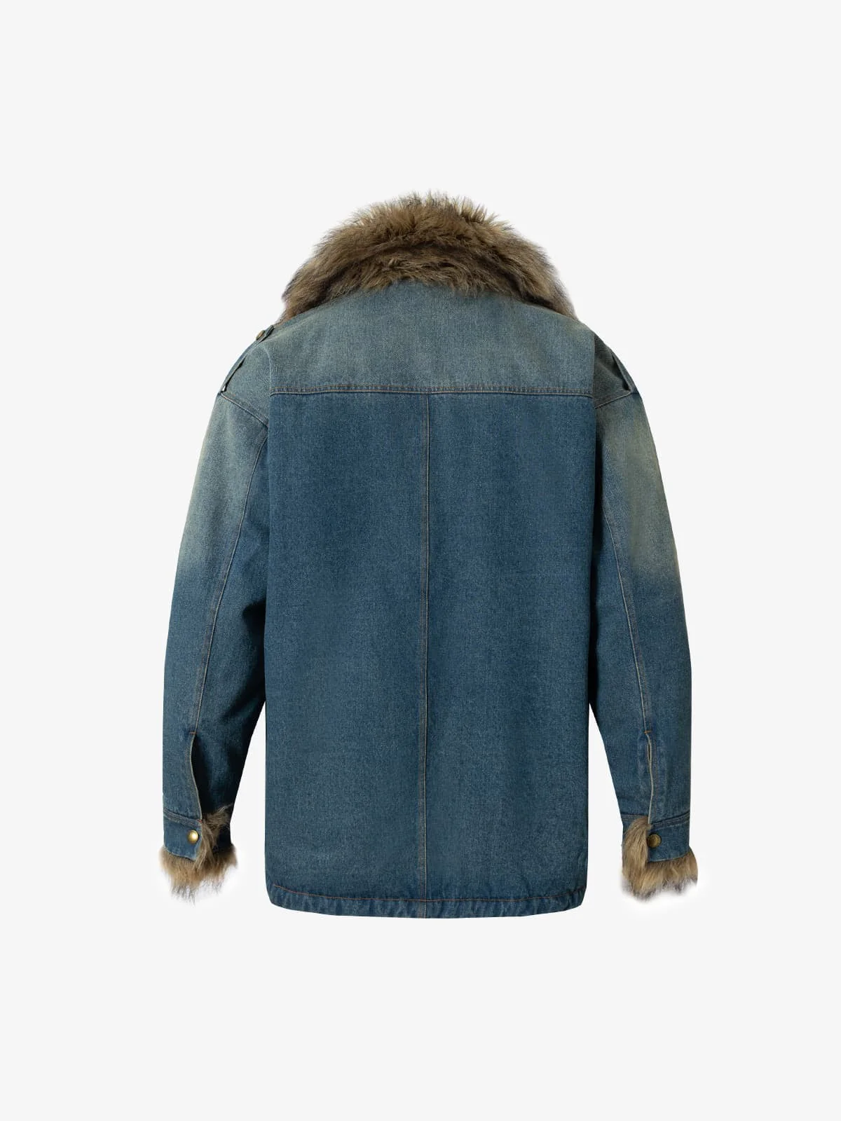 Street Retro Fur Patchwork Washed Denim Cotton Jacket - Image 8