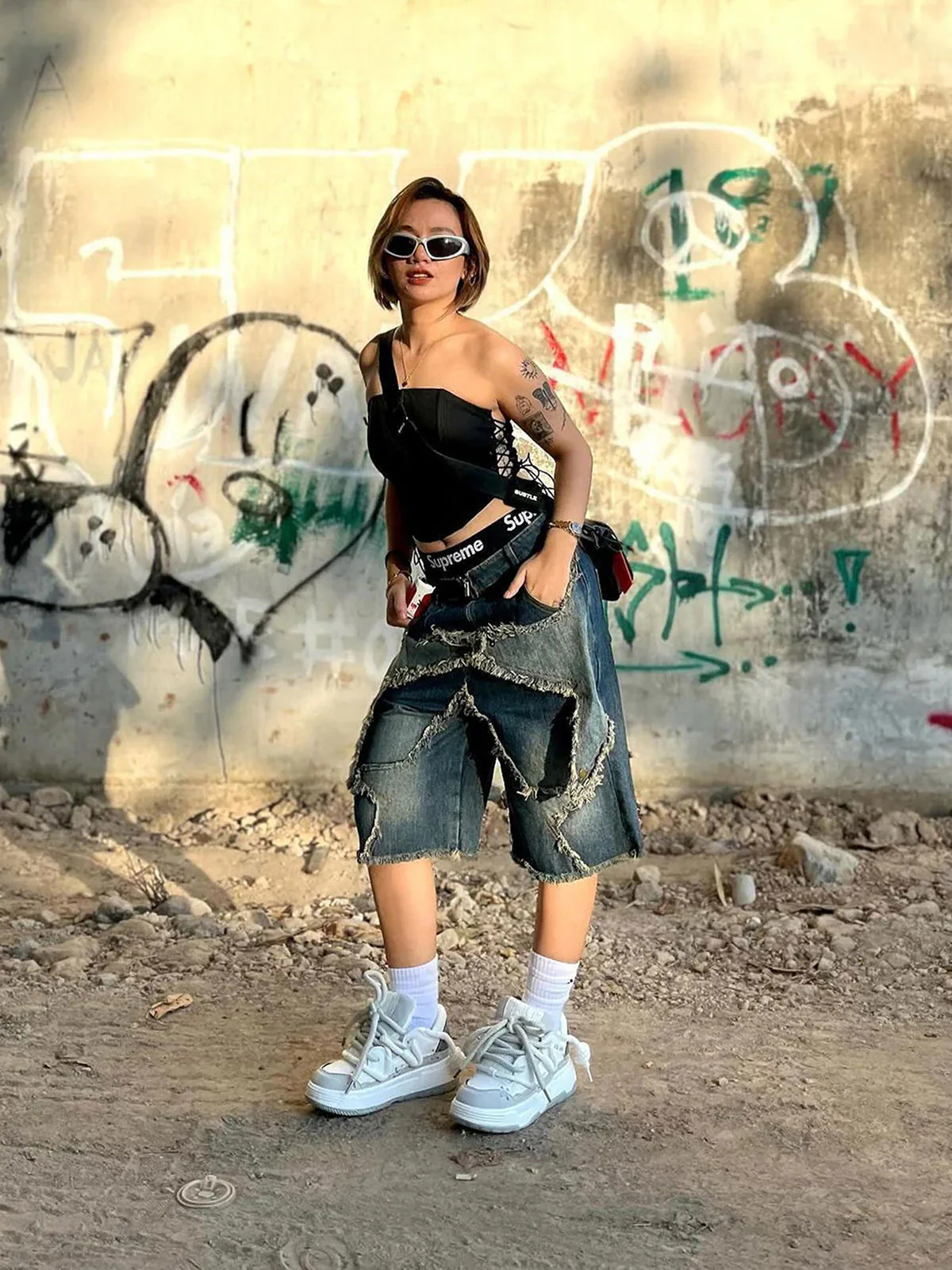 Thesupermade American Pentagram Tassel Patch Denim Shorts - 1681 - Image 5