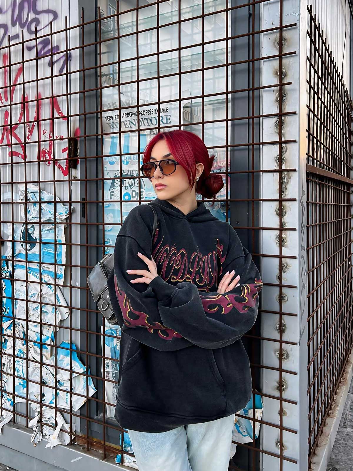 Thesupermade Flame Letter Washed Hooded Sweatshirt - 2216 - Image 3