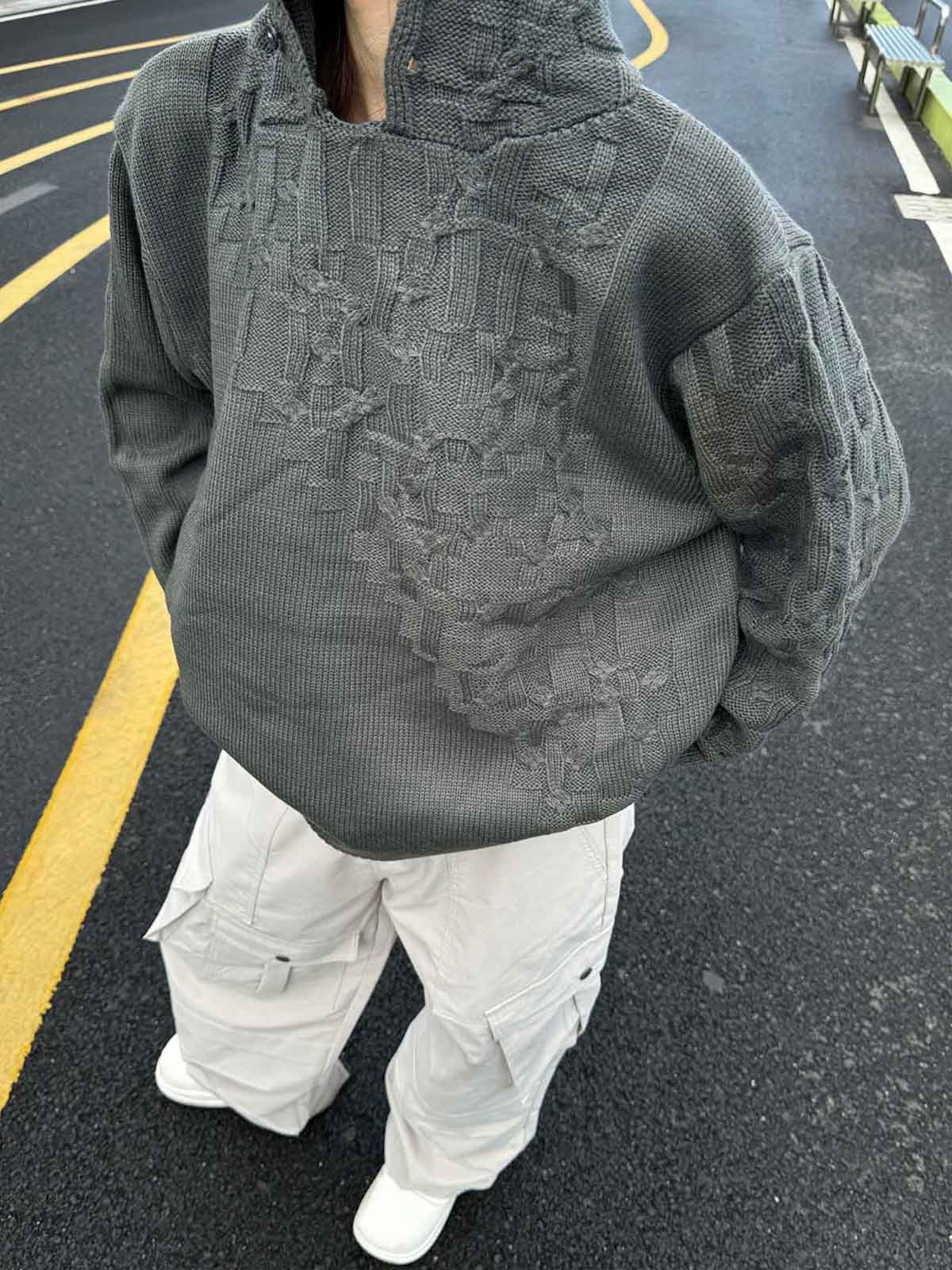 Asymmetric Irregular Knitted Sweater Hoodie - Image 6