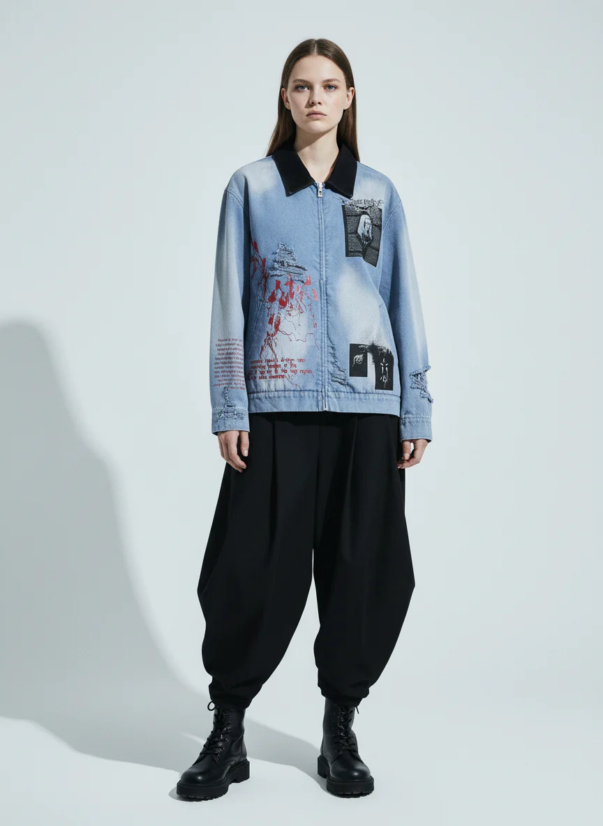 Ripped Graffiti Washed Zip Up Denim Jacket - Image 3