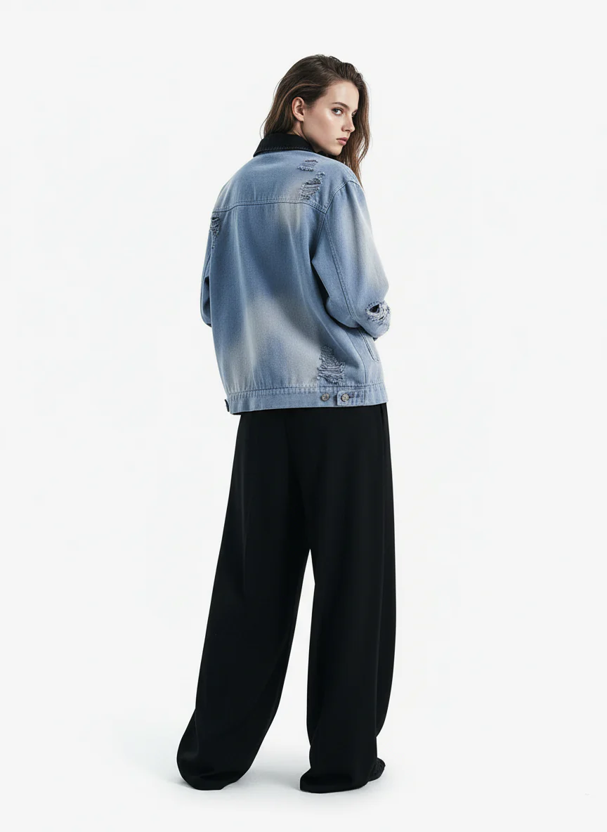 Ripped Graffiti Washed Zip Up Denim Jacket - Image 4