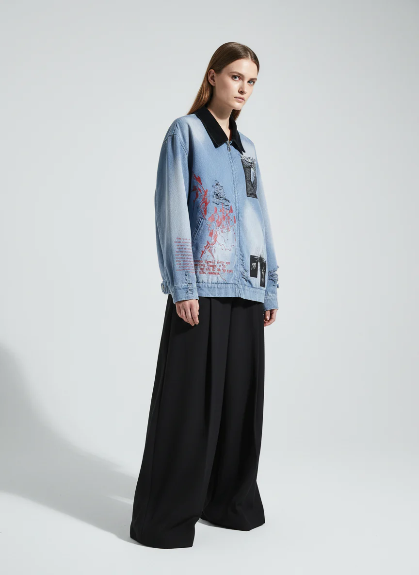 Ripped Graffiti Washed Zip Up Denim Jacket - Image 5