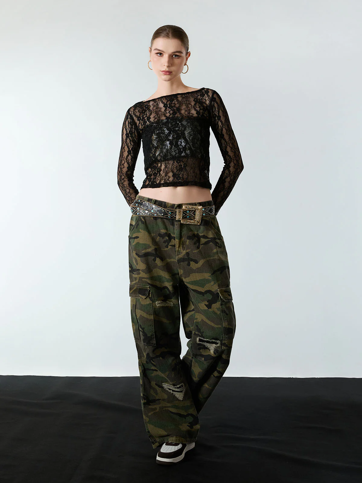 Woven Ripped Camouflage Flared Cargo Pants - 2410 - Image 6