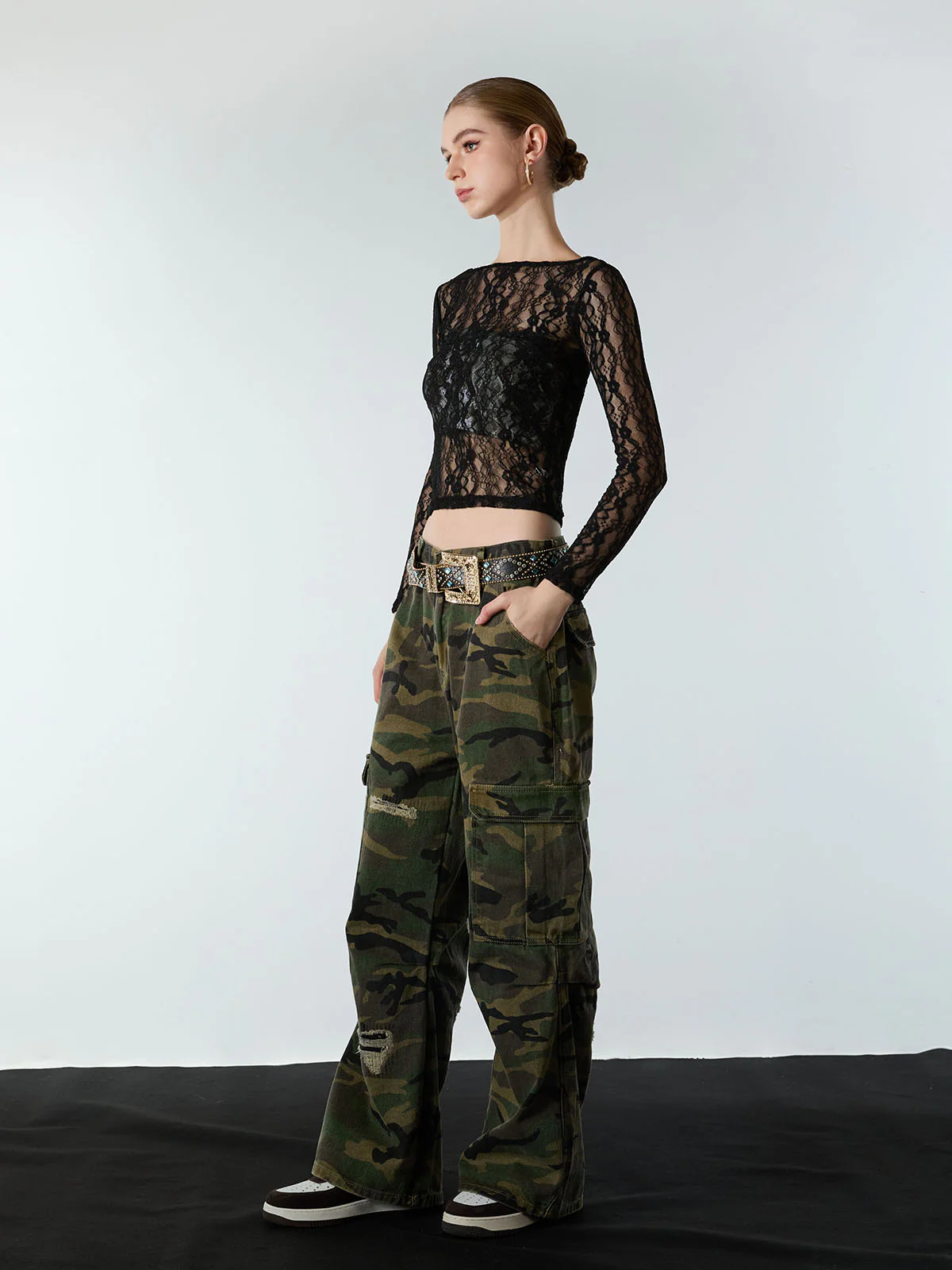 Woven Ripped Camouflage Flared Cargo Pants - 2410 - Image 7
